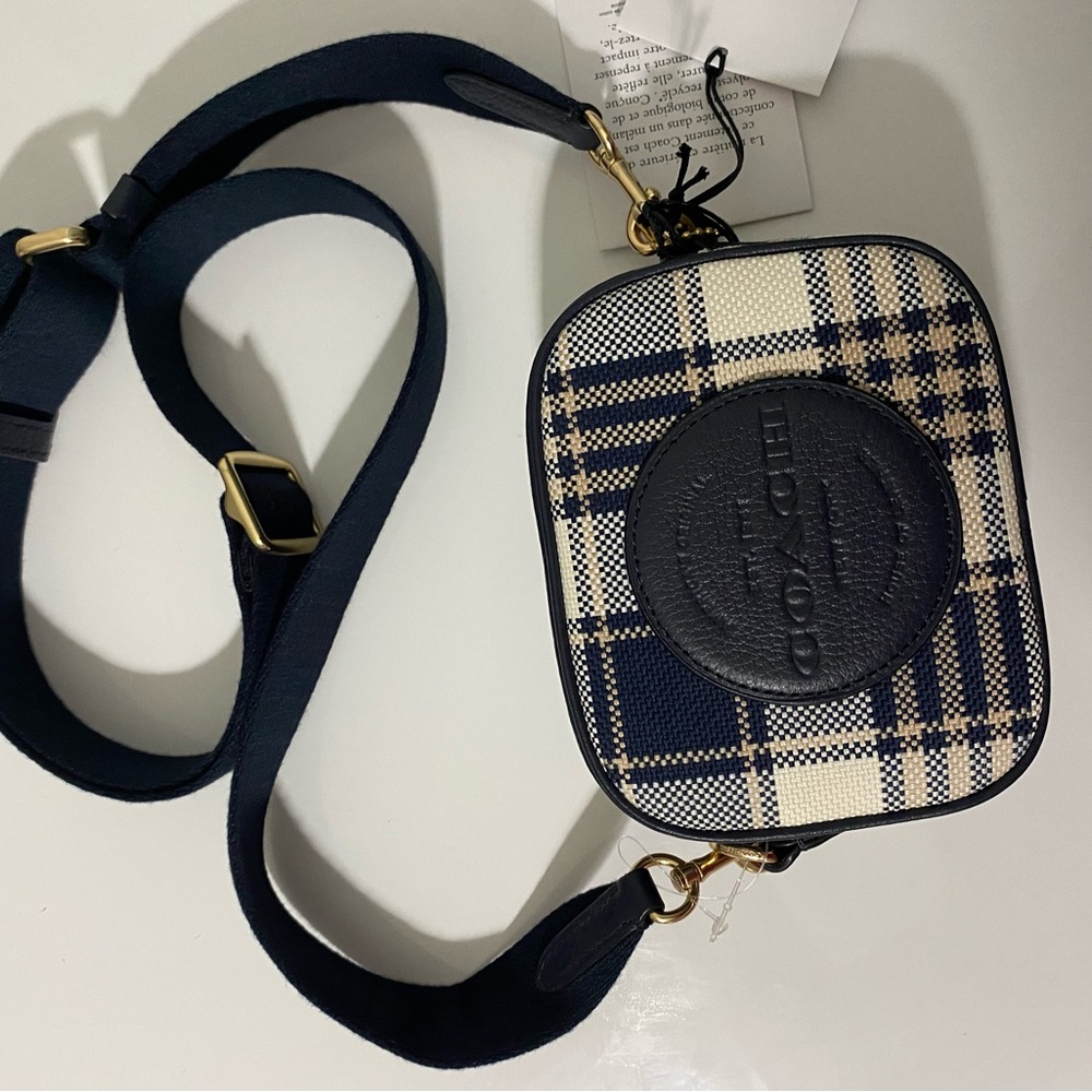 Mini Dempsey Camera Bag With Garden Plaid Print And Coach Patch Navy Blue